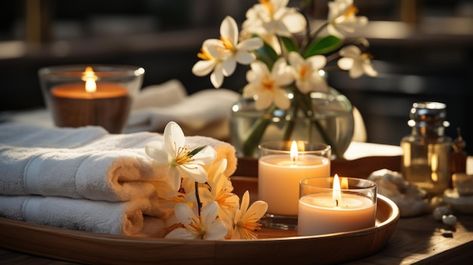 Free photo spa setting with a lit candle... | Free Photo #Freepik #freephoto #peaceful #calm #luxury #leisure Spa Set Up Ideas, Spa Event, Spa Landscaping, Spa Images, Body Massage Spa, Spa Candle, Fluffy Towels, Spa Set, Spa Decor