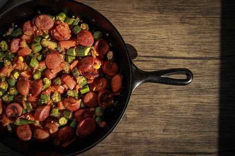 Sausage, Okra, and Tomato Skillet by Corey Moultrie – Roger Wood Foods Sausage Okra And Tomatoes, Grape Tomato Recipes, Okra And Tomatoes, Tomato Recipe, Large Fries, Quick Dishes, Spicy Sausage, Roma Tomatoes, Smoked Sausage