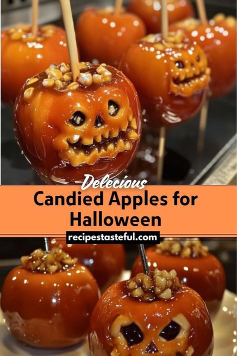 These candied apples are a festive Halloween treat that combines the crisp tartness of fresh apples with a sweet, crunchy candy coating. Perfect for Halloween parties or as a fun treat, these apples are easy to make and customizable with color and toppings. Candied Apples Slices, Colored Candy Apples, Halloween Candy Apples, Gourmet Candy Apples, Candied Apples, Candy Apple Recipe, Halloween Apples, Halloween Pumpkin Carving Stencils, Apple Bite