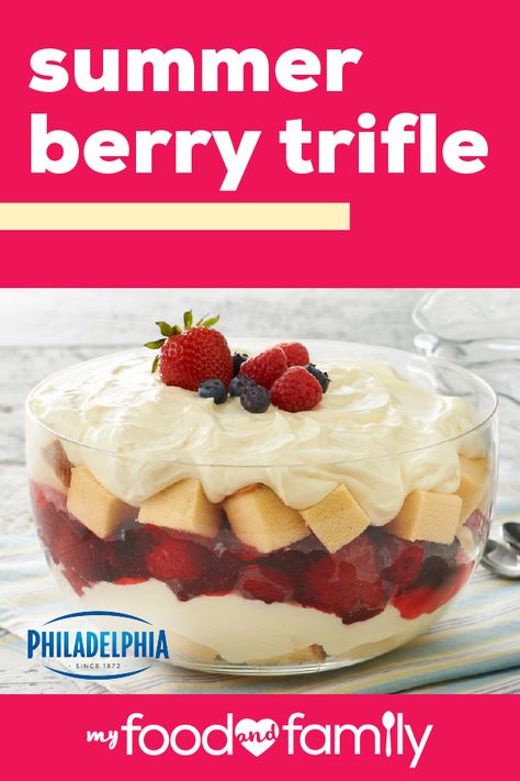 Summer Berry Trifle – No summer potluck or patriotic party would be complete without this berry-infused dessert. Layers of fresh berries, pound cake, and a PHILADELPHIA Cream Cheese mixture help bring this treat together easily. Fruit Bowl Dessert, Fruit Layered Dessert, Fruit Triffle Desserts, Fruit Truffle Recipe, Layered Fruit Cake, Fruit And Pudding Desserts, Fruit Pie Recipes Easy Summer Desserts, Summer Trifle Desserts Easy, Easy Summer Fruit Desserts