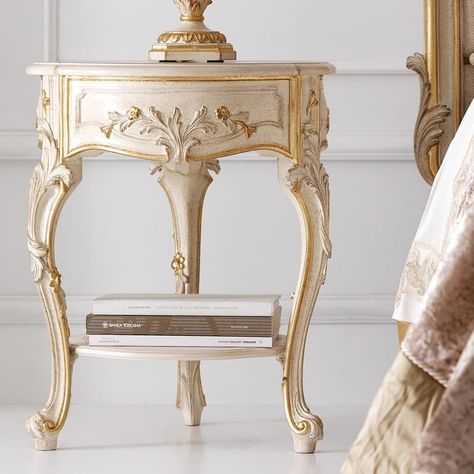 Ornate Ivory and Gold Italian Small Round Bedside Table Sabrina Bedroom, Small Round Bedside Table, Bedside Table Aesthetic, Small Round Coffee Table, Round Bedside Table, French Bedside Tables, Luxury Bedside Table, Round Bedside, Bedside Table Round