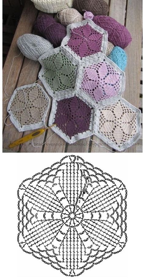 Corak Krusye, Projek Mengait, Crochet Hexagon Blanket, Hexagon Crochet Pattern, Hexagon Crochet, Advanced Crochet, Granny Square Crochet Patterns Free, Crochet Stitches Diagram, Crochet Bedspread Pattern