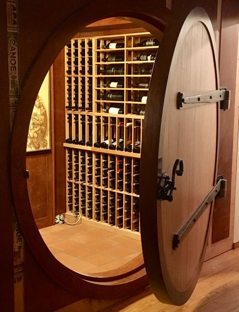 Tiny Wine Cellar, Wine Rooms In House, Wood Wine Cellar, Wine Door, Wine Cellar Wall, Wine Room Design, Wine Cellar Basement, Hobbit Door, Casa Hobbit