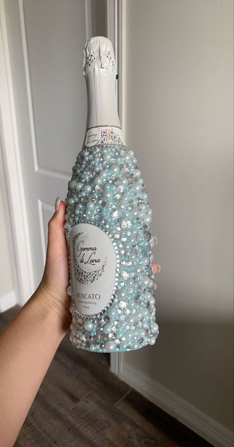 Bejeweled Wine Bottles, Sparkly Wine Bottles, Bedazzle Wine Bottle, Glam Liquor Bottles, Quinceanera Bottles Ideas, Beddazled Bottles, 21st Bday Bottle Decoration, Rhinestone Bottle Alcohol 21st Birthday, Bedazzled Liquor Bottles 21st Birthday