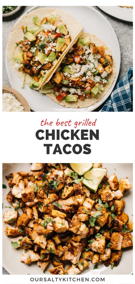 Grilled Chicken Tacos are perfect for a fast, friendly, choose-your-own-adventure weeknight dinner that's approved by picky eaters, and everyone else too! Our simple marinade is just taco seasoning, garlic, lime juice, and olive oil. Marinate 2 hours for a flavorful crust, then grill the chicken in as little as 10 minutes. Serve these American style or street style with your favorite taco toppings in grilled tortillas. Oven free dinners for the win! #chickentacos #grilledtacos #easydinner Mexican Grill Chicken Recipes, Grilled Taco Chicken, Grilled Chicken Thigh Tacos, Charred Chile Marinated Grilled Chicken Tacos, Marinated Chicken For Tacos, Barbecue Chicken On Grill, Recipe With Grilled Chicken, Mexican Restaurant Grilled Chicken, Grilled Taco Meat