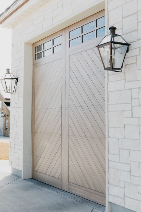 Custom Shoreline Garage Doors | Vidor Garage Doors Garage Door Frame Ideas, Coastal Garage Doors, White Oak Garage Door, Decorative Garage Doors, White Craftsman House, Brick House Exteriors, Oak Garage Doors, Beach House Garage, Barndo Exterior