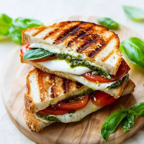 Level up your lunch game with this Caprese grilled cheese sandwich! With tomatoes, basil, pesto, and mozzarella, it's such a refreshing treat. Baguette, Grilled Sandwiches Recipes, Pesto Tomato Mozzarella Toast, Mini Grilled Cheese And Tomato Soup, Mozzarella Sandwich Grilled, Basil Sandwich Recipe, Grilled Tomato Sandwich, Fresh Mozzarella Grilled Cheese, Best Bread For Sandwiches