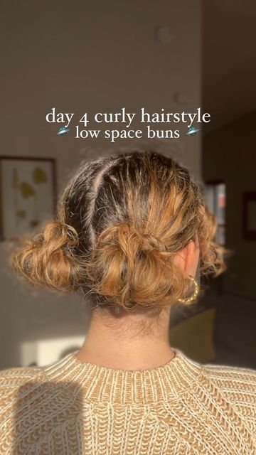 Casual Bun Hairstyles Curly Hair, Easy Half Up Space Buns, Double Buns Hairstyle Curly Hair, Fancy Low Bun Curly Hair, Curly Low Bun Tutorial, Low Space Buns Tutorial Curly Hair, How To Do Low Space Buns, Space Buns Low, Low Space Buns Curly Hair