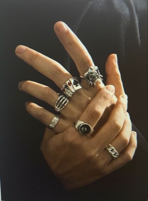 Rings On Fingers Aesthetic Men, Man With Rings Aesthetic, Best Places To Buy Rings, Rings On Men Hands, Hand With A Lot Of Rings, Male Hand With Rings, Man Wearing Rings, Rings Man Aesthetic, Hands With Rings Men