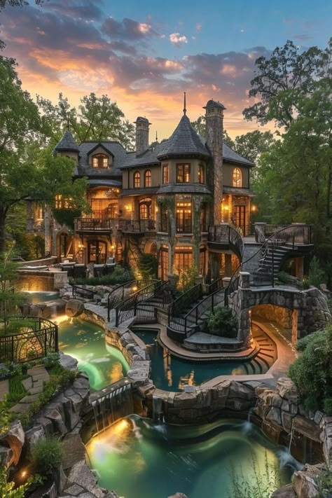 House With A Moat, Moat Around House, Mansion In The Woods, Diy Luxury, Space Interior Design, Dream Beach Houses, Dream Life House, Gorgeous Houses, Fantasy Homes