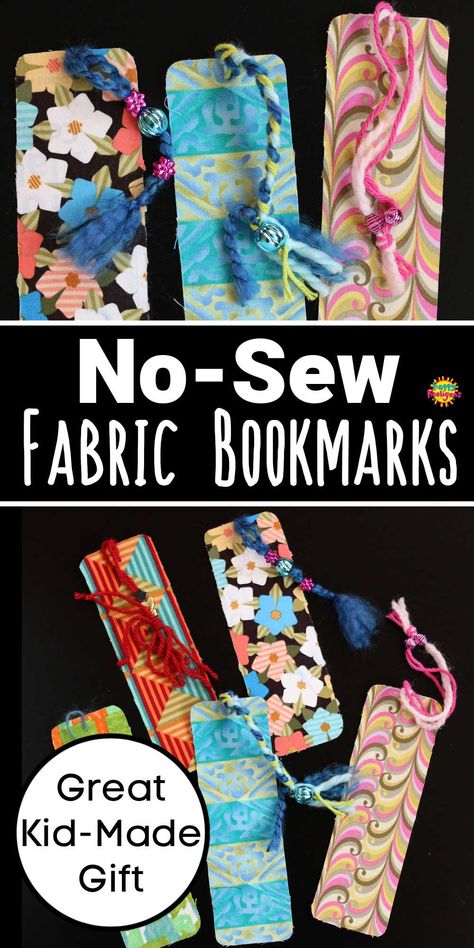 These no-sew fabric bookmarks are fun to make, and an excellent homemade gift for a child to give to a parent or friend. All you need to make them is cardboard, a scrap of fabric, some yarn and a few beads. #HappyHooligans #NoSew #Projects #Homemade #Gifts #Easy Fabric Bookmarks, Homemade Bookmarks, Bookmark Crochet, Fabric Crafts Diy, Scrap Fabric Crafts, Scrap Fabric Projects, Bookmark Craft, Post It Note, Bookmarks Kids