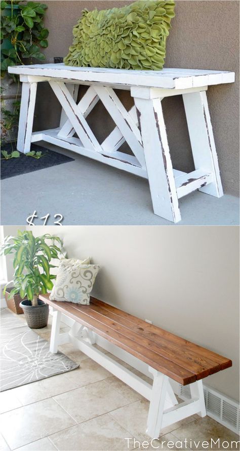 21 beautiful DIY benches for every room. Great tutorials on how to build benches easily out of wood, concrete blocks, or even old headboards and dressers. Wood Bench With Back, Diy Benches, Ikea Hack Storage, Diy Bank, Crate Bench, Old Headboard, Hack Ikea, Diy Bench, Concrete Wood