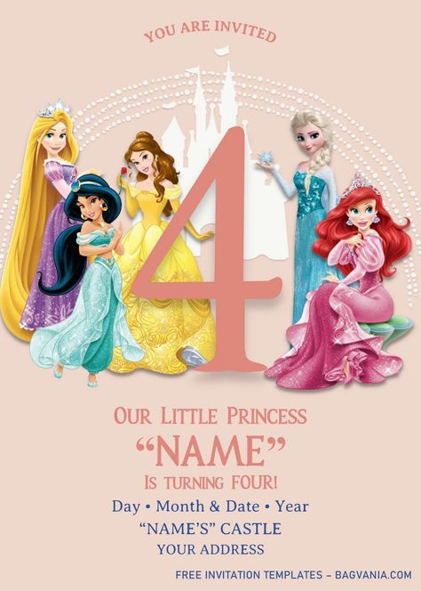 Disney Princess Birthday Invitation Templates – Editable With MS Word | FREE Printable Birthday Invitation Templates - Bagvania Disney Princess Theme Birthday Party, Disney Princess Invitations, Disney Princess Birthday Cakes, 4de Verjaardag, Princess Birthday Party Invitations, Princess Party Invitations, Birthday Party Invitations Free, Disney Princess Theme, Princess Birthday Party Decorations