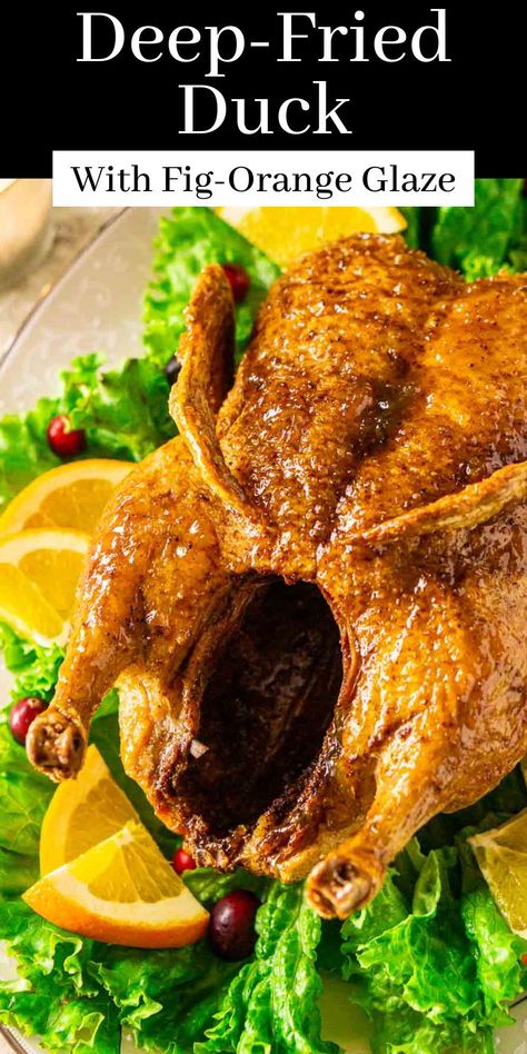 For the most impressive holiday dinner, serve this deep-fried duck with a fig-orange glaze and watch your family swoon over every mouth-watering bite! Deep frying gives a whole duck crispy skin and makes that succulent meat even juicer and more flavorful. Whether you’re celebrating Thanksgiving, Christmas or another special occasion, this duck makes the perfect dinner centerpiece. Duck A La Orange Recipe, Deep Fried Duck, Fried Duck, Roasted Duck, Dinner Centerpieces, Beef Steak Recipes, Festive Appetizers, Cornish Hens, Small Yards