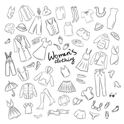 Big set of womens clothes in vectorpictu... | Premium Vector #Freepik #vector #dress #clothes #fashion-doodle #shirt-icon Doodle Art Fashion Illustration, Clothes Doodles Easy, Fashion Doodles Illustration, Fashion Doodle Art, Doodle T Shirt, Shopping Doodles, Outfit Doodles, Clothes Doodle, Clothing Doodles