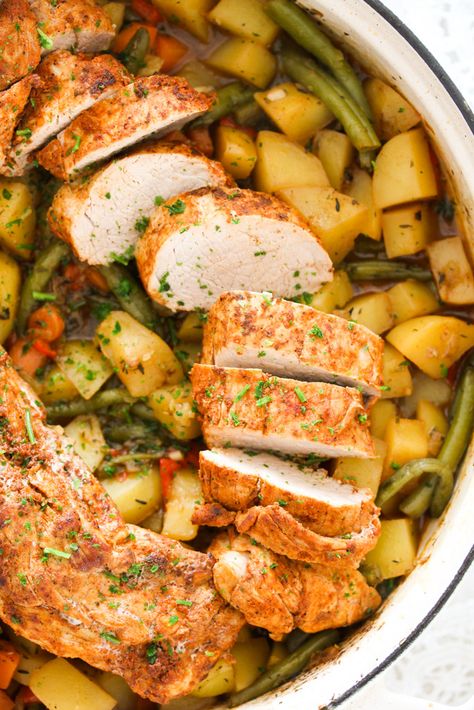 Stovetop pork tenderloin in Dutch oven – a simple and delicious recipe with lots of potatoes and vegetables. #whereismyspoon #dutchovenrecipe #porktenderloindutchoven #dutchovenporktenderloin #porkrecipes #porktenderloinrecipes #porkandpotatoes #porkandvegetables Dutch Oven Recipes Pork Chops, Braised Pork Tenderloin Dutch Oven, Pork Loin Recipes Dutch Oven, Pork Loin In Dutch Oven Recipe, Pork Loin In Dutch Oven, Dutch Oven Pork Loin Recipes, Pork Tenderloin Recipes In Dutch Oven, Pork Tenderloin Dutch Oven Recipes, Pork Tenderloin In Dutch Oven