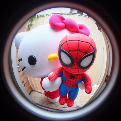 Spiderman Holding Hello Kitty, Spiderman Hello Kitty Pfp, Hello Kitty Fisheye Pfp, Hello Kitty Circle Pfp, Matching Pfp Spiderman And Hello Kitty, Spider Man And Hello Kitty Matching Pfp, Hello Kitty Braces, Hello Kitty With Spiderman, Fish Eye Lens Pfp