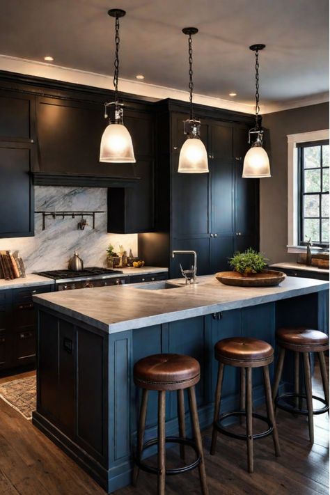 Rustic kitchen with stone island Dark Kitchen With Wood, Iron Ore Island, Kitchen With Wood Island, Rustic Kitchen Island Ideas, Black Kitchen Island Table & Bar Stools, Metal Kitchen Island, Stone Kitchen Island, Concrete Kitchen Island, Natural Stone Kitchen