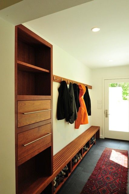 Mid Century Modern - Midcentury - Entry - Portland Maine - by Cormack Construction Management | Houzz Hall Tree Mid Century Modern, Mid Century Modern Entrance Hall, Mid Century Modern Drop Zone, Mudroom Mid Century Modern, Mid Century Mud Room Ideas, Mid Century Mud Room, Retro Mudroom, Mid Century Mudroom Ideas, Mid Century Modern Mudroom Entryway