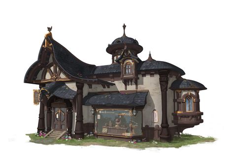 MAGIC SHOP, WANG JIA on ArtStation at https://www.artstation.com/artwork/yb0KZn Fantasy Shop, Pagoda Lanterns, Fantasy Town, Minecraft Medieval, Shop Buildings, Shop Illustration, Medieval Houses, Building Concept, Magic Shop