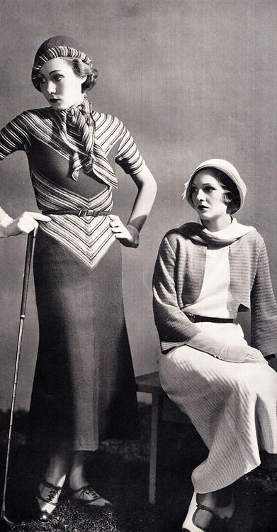 This is interesting because they're both wearing hat and their hairstyles are the same. Also I am assuming that the cane is implying an older woman. Women In Dresses, Style Année 20, 1930 Fashion, Fashion 30s, Old School Fashion, Womens Golf Fashion, 30s Fashion, 1930s Fashion, Wearing A Hat