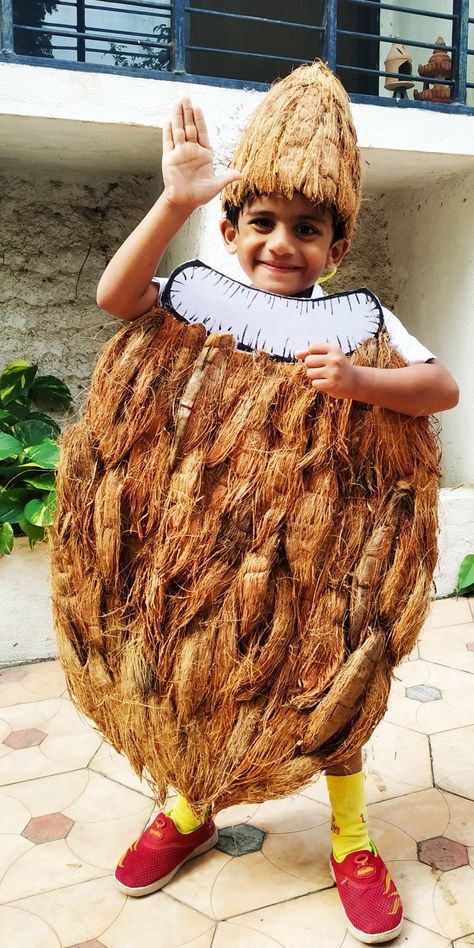 Fancy Dress Food Costume, Fruit And Vegetable Fancy Dress, Fruits And Vegetables Fancy Dress Ideas, Coconut Costume Diy, Fruit Fancy Dress Competition, Fancy Dress Fruits For Kids, Fancy Dress Fruits, Vegetable Fancy Dress For Kids, Fruits Fancy Dress For Kids