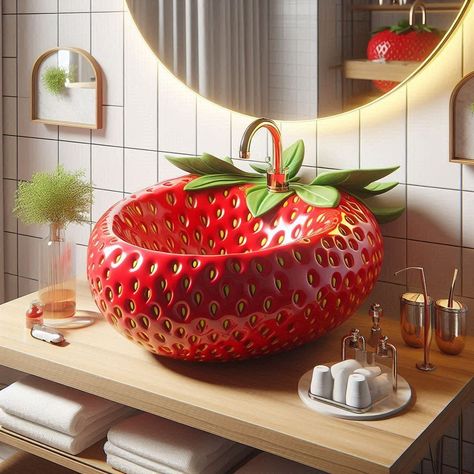 Juicy Elegance: Bring Vibrancy to Your Washroom with Fruit Sinks Fruit Sinks 🍉🚰🌿 #FreshFaucets #JuicyJunctions #VibrantVessels Bring a burst of freshness to your kitchen with Fruit Sinks. Inspired by the colorful bounty of nature's harvest, these sinks feature designs and shapes reminiscent of your favorite fruits, such as watermelons, oranges, and pineapples. With their vibrant appearance and practical functionality, Fruit Sinks add a playful yet functional touch to your culinary space. Elev... Strawberry Furniture, Fruit Bathroom, Quirky House, Strawberry Decor, Summertime Decor, Strawberry Delight, Colourful Tile, Girl Bedroom Designs, Unique Bathroom