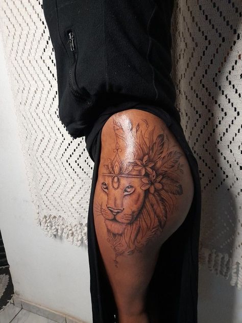 Side Thigh Tattoos Women, Side Thigh Tattoos, Hip Thigh Tattoos, Joker Tattoo, Thigh Tattoos, Thigh Tattoos Women, Dream Tattoos, Lion Tattoo, Dope Tattoos