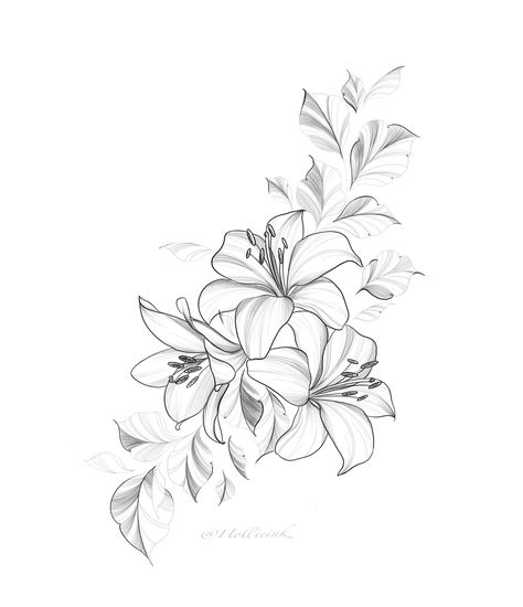 Lilies Drawing Tattoo, Flower Tattoos For Leg, Lily Flower Hip Tattoo, 3 Lily Tattoo Design, Tattoos Of Lily Flowers, Lily Tattoo Drawing, Tattoo Flowers Shoulder, Lilies Flowers Tattoos, Lily Flower Tattoos Shoulder