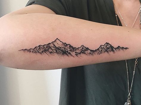 Wrap Around Mountain Arm Tattoo, Moutain Tattoos, Trees Tattoo, Mountain Range Tattoo, Mountain Tattoo Design, Waist Tattoos, Tattoo Concepts, Chest Tattoo Men, Arm Band Tattoo