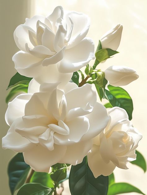 White gardenia flower, large flowers with petals that spiral outwards,  green leaves, closeup of gardenias blooming on trees, photography in the style of natural light. 1856X2462 5.9MB  notice: 1. Colors may vary from screen to print (once/IF printed) 2. All prints are for PERSONAL use ONLY. Any reselling, redistribution, or sharing without obtaining written permission from the owner is prohibited. Floral Photography Nature, Gardenia Flower, Trees Photography, Very Beautiful Flowers, White Gardenia, Nothing But Flowers, Garden Containers, Exotic Flowers, Flowers Nature