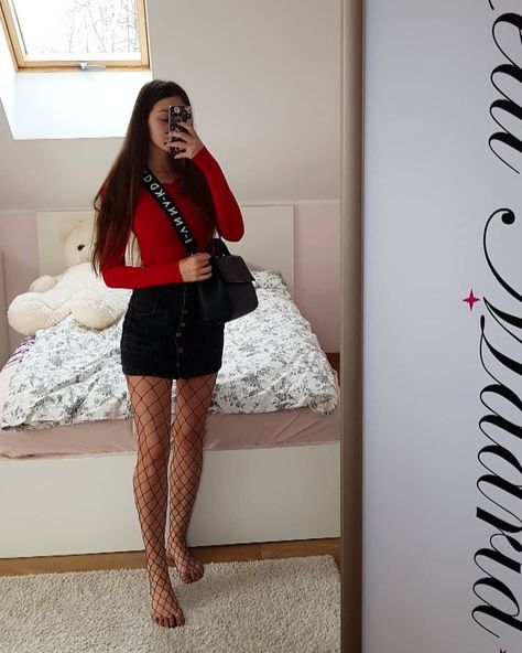 -Red Long Sleeves Top. -Black Denim Button Skirt. -Black Fishnet Tights. Skirt And Fishnets Outfit, Red Fishnet Outfit, Fishnets Outfit, Red Fishnet Tights, Fish Net Tights Outfit, Casual Outfits Ideas, Fishnet Outfit, Summer/fall Outfits, Black Fishnet Tights