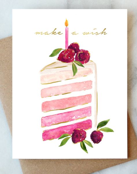 Birthday Slice Greeting Card A beautiful hand-painted original watercolor pink birthday cake "make a wish" birthday card DETAILS: 4.25" x 5.5" Digital print on a quality, felt textured card Gold foil accents 100% recycled kraft envelope Folded card Blank interior Printed in the USA Pink Birthday Cake, Grandma Birthday Card, Happy Birthday Cards Handmade, Birthday Painting, Watercolor Birthday Cards, Birthday Card Drawing, Birthday Cake Card, Pink Birthday Cakes, Watercolor Cake