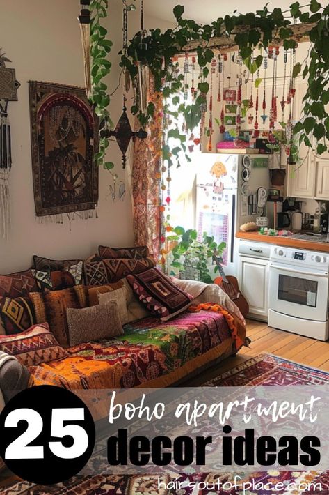 Create one of the most gorgeous of 25 boho apartment ideas for a cozy, cute space. This vibrant studio apartment cleverly blends sleeping and living areas, creating a multifunctional space that feels both cozy. Lush hanging plants and colorful textiles make for an atmosphere perfect for relaxation or hosting friends. This makes it easy to entertain guests with food and drinks, ensuring the space is not only stylish but also practical for daily living. Colorful Boho Apartment Decor, Small Space Boho Decor, Small Boho Studio Apartment Ideas, Boho Rental Apartment, Studio Apartment Boho, Eclectic Apartment Decor Ideas, Cozy Studio Apartment Ideas Small Spaces, Bohemian Studio Apartment Ideas, Small Boho Apartment