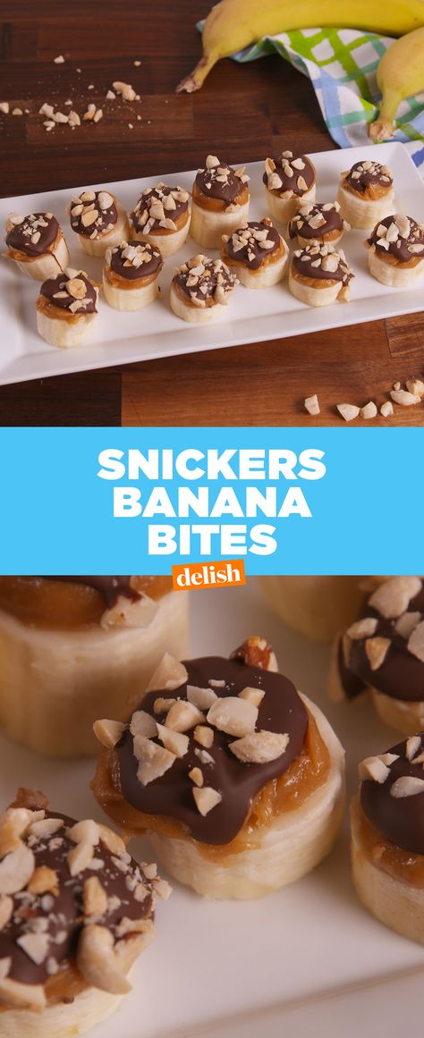 These banana bites taste exactly like a Snickers. Get the recipe at Delish.com. #snickers #banana #pb #peanutbutter #chocolate #caramel Snickers Banana, Banana Snickers, Banana Bites, New Year's Resolutions, Chocolate Caramel, Healthy Dessert Recipes, Sweets Treats, Snack Time, Healthy Dessert