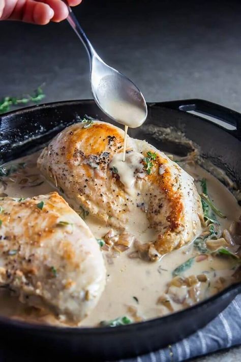 chicken breast recipes, easy chicken breast recipes, dinner, white wine cream sauce chicken breast recipe, Cream Sauce Chicken, Chicken Thyme, Healthyish Recipes, Wine Cream Sauce, White Wine Cream Sauce, Cream Sauce For Chicken, Paleo Dinners, Cream Sauce Recipe, Thyme Chicken