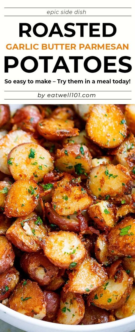 Roasted Garlic Butter Parmesan Potatoes Recipe - #eatwell101 #recipe #poatoes #sidedish - These epic roasted potatoes with garlic butter parmesan are perfect side for your meal! - #recipe by #eatwell101® Roasted Garlic Butter Parmesan Potatoes, Garlic Butter Parmesan Potatoes, Butter Parmesan Potatoes, Roasted Garlic Butter, Parmesan Potato Recipe, Easy Roasted Potatoes, Garlic Parmesan Potatoes, Parmesan Roasted Potatoes, Butter Potatoes