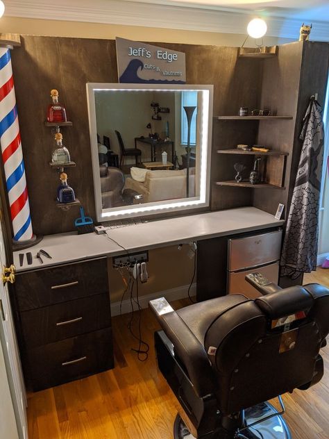 Barber Shop Shed Ideas, At Home Barber Shop Ideas, Barber Set Up Ideas, Barber Shelves, Barber Shop Station Ideas, In Home Barber Shop Ideas, At Home Barbershop, Diy Barber Station, Barber Suite Decor