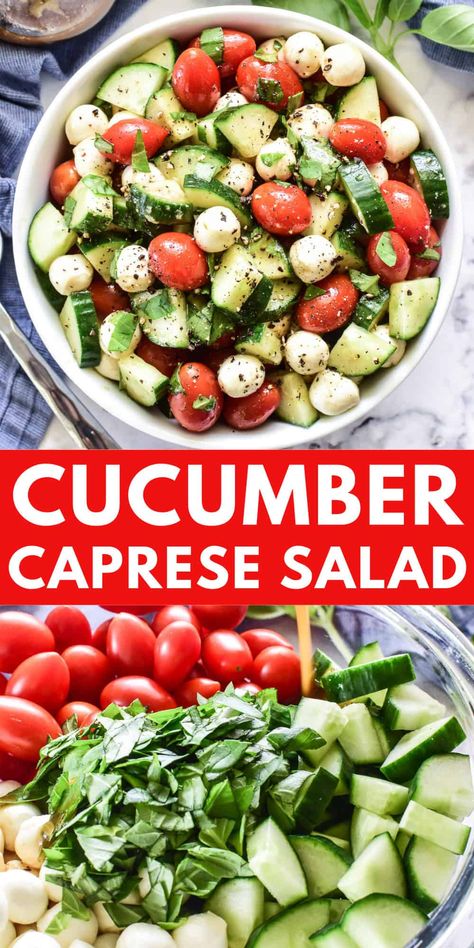 Switch up your caprese salad with the addition of cucumbers! This Cucumber Caprese Salad is light, flavorful, and perfect for summer. One of our favorite ways to use all those fresh garden veggies! Essen, Fresh Side Salad Recipes, Dinner Salad Recipes Side Dishes, Caprese Lunch Ideas, Cucumber Salad Tomato, Quick Salads For Parties, Dinner Side Salads, Cucumber Tomato Recipes, Low Carb Caprese Salad