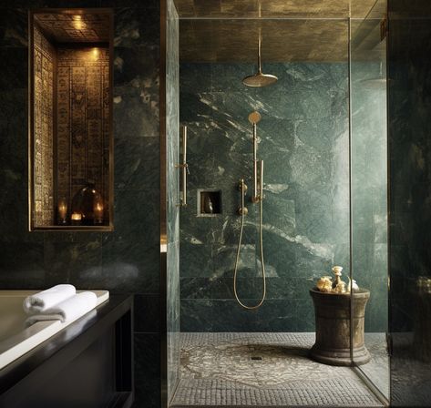 Green Bathrooms Inspiration, Gothic Bathroom Ideas, Dark Green Bathroom, Green Marble Bathroom, Marble Interior Design, Toilet Cleaning Hacks, Toilet Shelf, Dark Green Bathrooms, Dark Bathroom Ideas