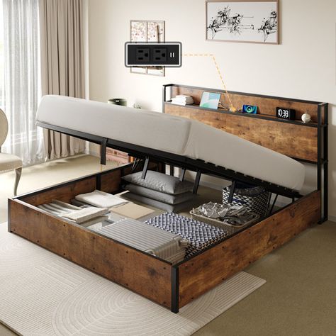 17 Stories Askil Lift Up Bed Frame - Wayfair Canada Flip Up Bed With Storage, King Bedframe With Storage, Men’s Bed Frame, Boys Bed With Storage, Step Up Bed, Bedframes With Storage, Bed On Floor Ideas Small Room, Bedroom Storage Ideas For Small Spaces, Platform Beds With Storage