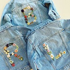 Shop (All) | Praireknotco Hand Embroidered Denim, Denim Jacket Embroidery, Jean Jacket Diy, Embroidery Jeans Jacket, Clothes Embroidery Diy, Personalized Jacket, Jean Jacket For Girls, Demin Jacket, Floral Initial