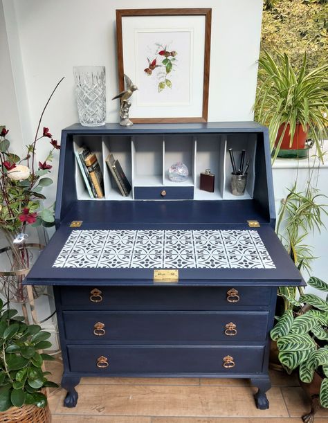 Vintage Bureau Writing Desk Upcycled & Painted in Oxford Navy – Upcycle Arcade Old Writing Desk, Desk Upcycle, Draw Furniture, Upcycled Desk, Secretary Desk Makeover, Furniture Drawing, Vintage Writing Desk, Workshop Projects, Drawing Furniture