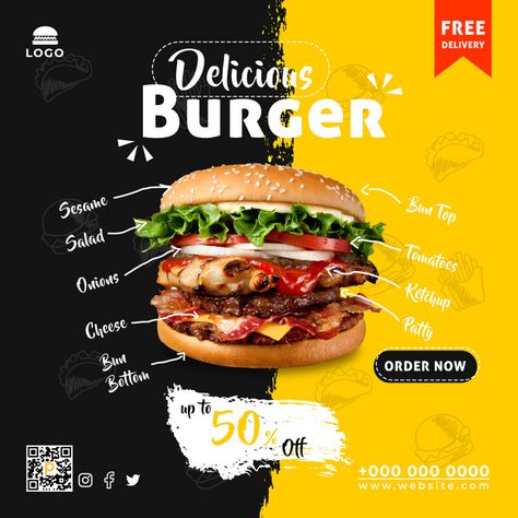 Delicious Burger Social Media Promotion Poster Desgin (Food Poster)#pikbest#Templates#Others Promotional Poster Design, Burger Poster, Restaurant Promotions, Cheese Buns, Template Food, Technology Posters, Food Promotion, Restaurant Poster, Fast Food Menu