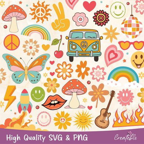 Groovy Clipart, Learning Diary, Groovy Flowers, Boho Rainbows, Rainbow Peace, Hippie Designs, Peace Love Happiness, Retro Daisy, Hippie Van