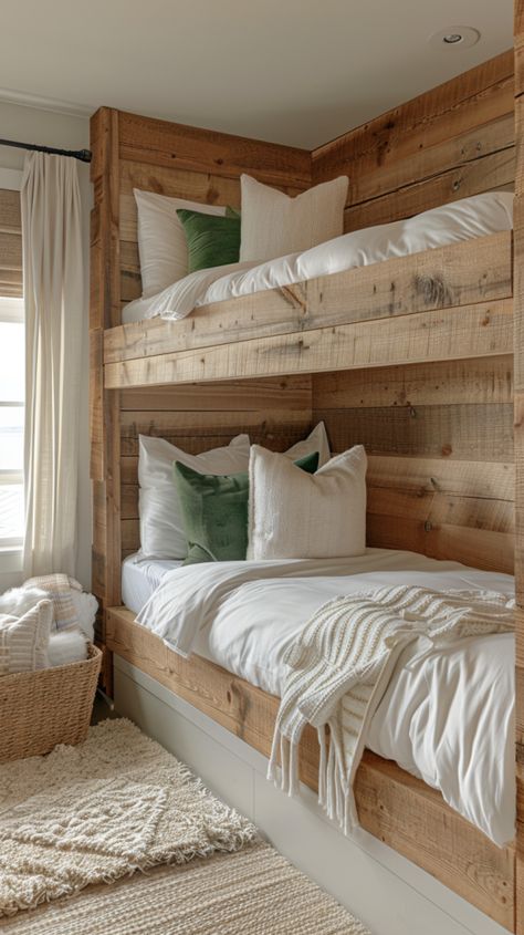 Rustic Bunk Room, King Size Bunk Bed, Farmhouse Bunk Beds, Log Bunk Beds, Rustic Bunk Beds, Pueblo House, Bunk Beds Small Room, Bunk Room Ideas, Space Saving Bunk Bed