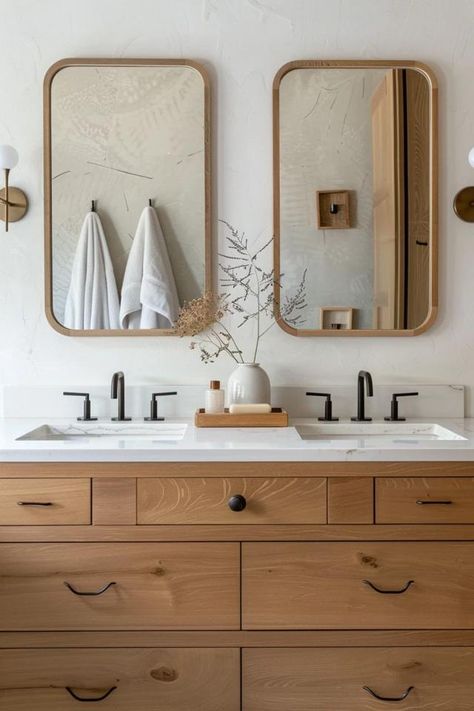 Double Vanity Bathroom Mirror Ideas I Love 2 Sink Bathroom Ideas Small Spaces, How To Style A Double Sink Vanity, Bathroom Ideas With Double Vanity, Bathroom Remodel Dual Sink, Double Vanity Round Mirrors, Double Bathroom Mirror Ideas, Mirror Over 60 Inch Vanity, Lighting For Double Sink Vanity, Small Bathroom With Double Vanity