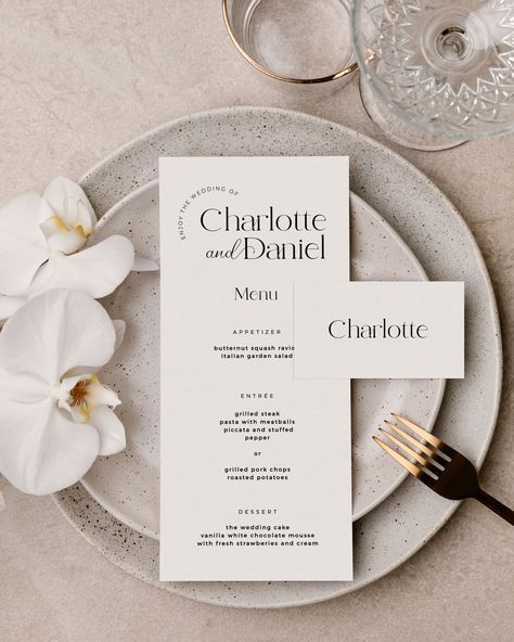 Wedding Table Stationary, Modern Monogram Logo, Wedding Table Name Cards, Wedding Menus Design, Wedding Table Menus, Wedding Name Tags, Elegant Wedding Menu, Menu Card Design, Wedding Graphics