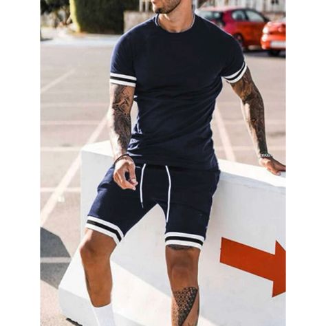 Men’s Tape Tee 2pc Shirt And Shorts Drawstring Waist Shorts, Casual Sportswear, Track Shorts, Summer Outfits Men, Mens Plus Size, Color Shorts, T Shirt And Shorts, Casual T Shirts, Mens Summer