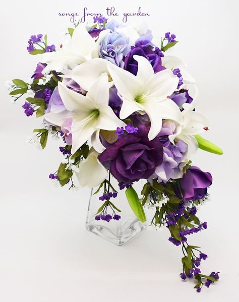 Lilies Bouquet, Cascade Bridal Bouquet, Bridesmaids Flowers, Silk Flower Bridal Bouquet, Wedding Flower Guide, Purple Bridal Bouquet, Cascading Bridal Bouquets, Filler Flowers, Cascading Wedding Bouquets